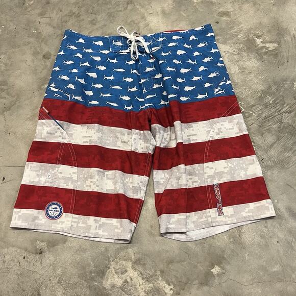 Pelagic Sharkskin Board Shorts Mens Size 32 11.5” Inseam America Flag Drawstring - Picture 1 of 7